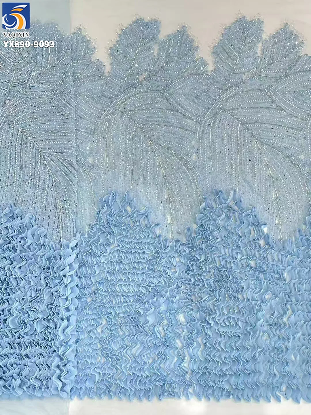 Hot Selling Elegant Sky Blue Mesh 3D Pleated Lace Fabric Handmade Beads French Lace Sequins Fabric for Wedding Party - 图片 4