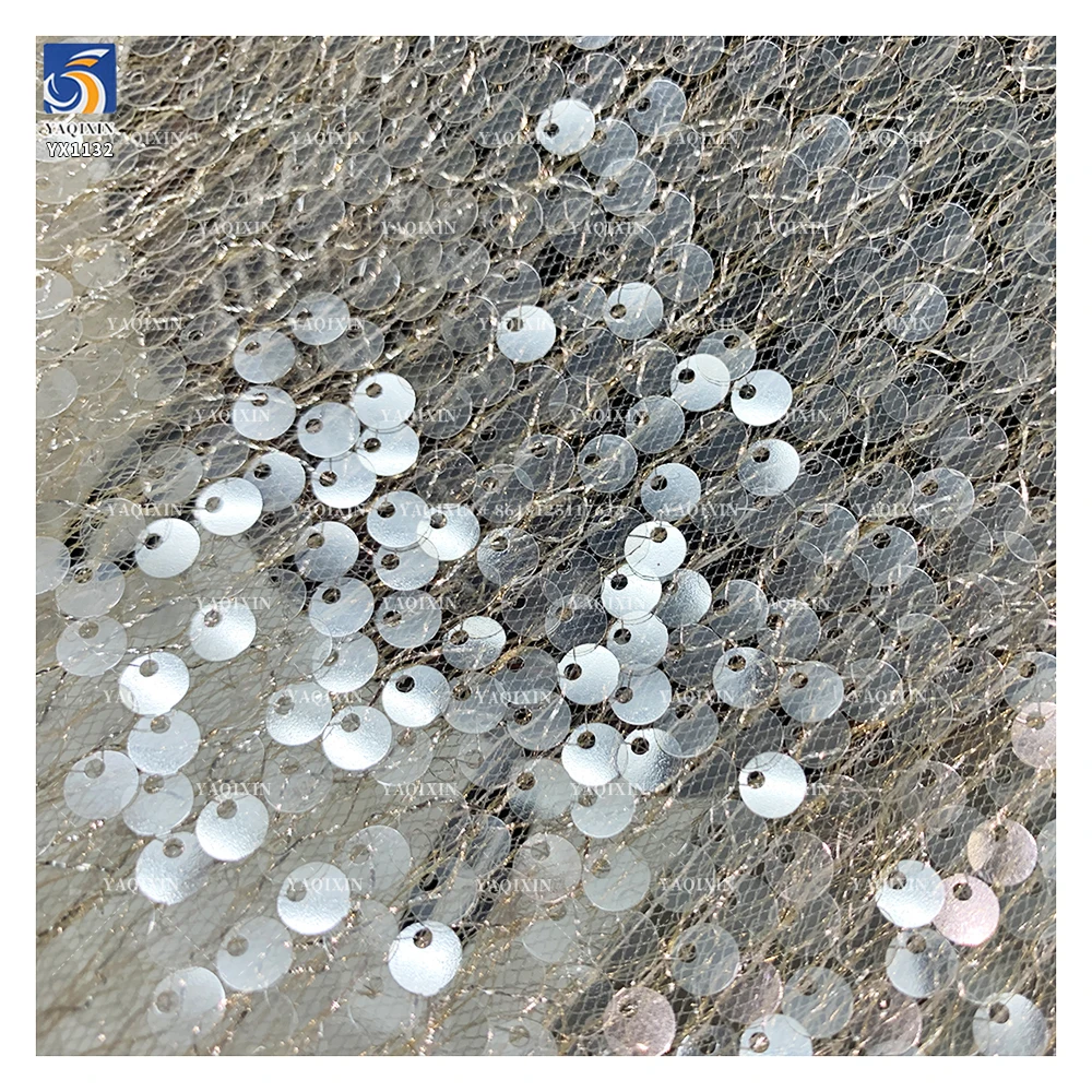 YX1132 High-Quality Glitter Knitted Mesh Transparent Sequin Fabric 5mm Size Sequins Fabrics and Textiles for Women's Clothing - 图片 4