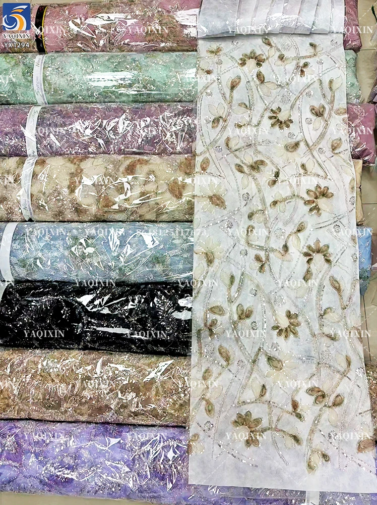 YX1294-2 New 2026 Fashion German Women's Lace Fabric Dyed Florals Embroidered Flash Sequin Lace Fabric for Girl Dance Skirt - 图片 5