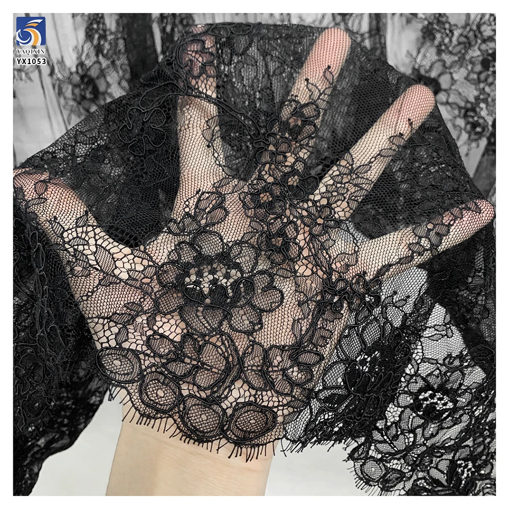 YX1053 Tulle Poly Black Eyelash Lace Fabric Ply Bone Thread Embroidery Flowers Custom Apparel-Sleepwear Eyelash Lace Fabrics - 图片 3