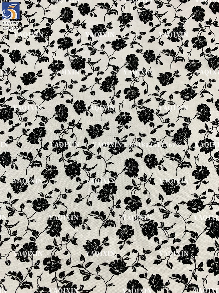 YX1155 2026 Popular Flocked Black Floral Mesh Fabric 4-Way Stretch Power Net Mesh Fabric With Black Floral Flock for Clothing - 图片 2