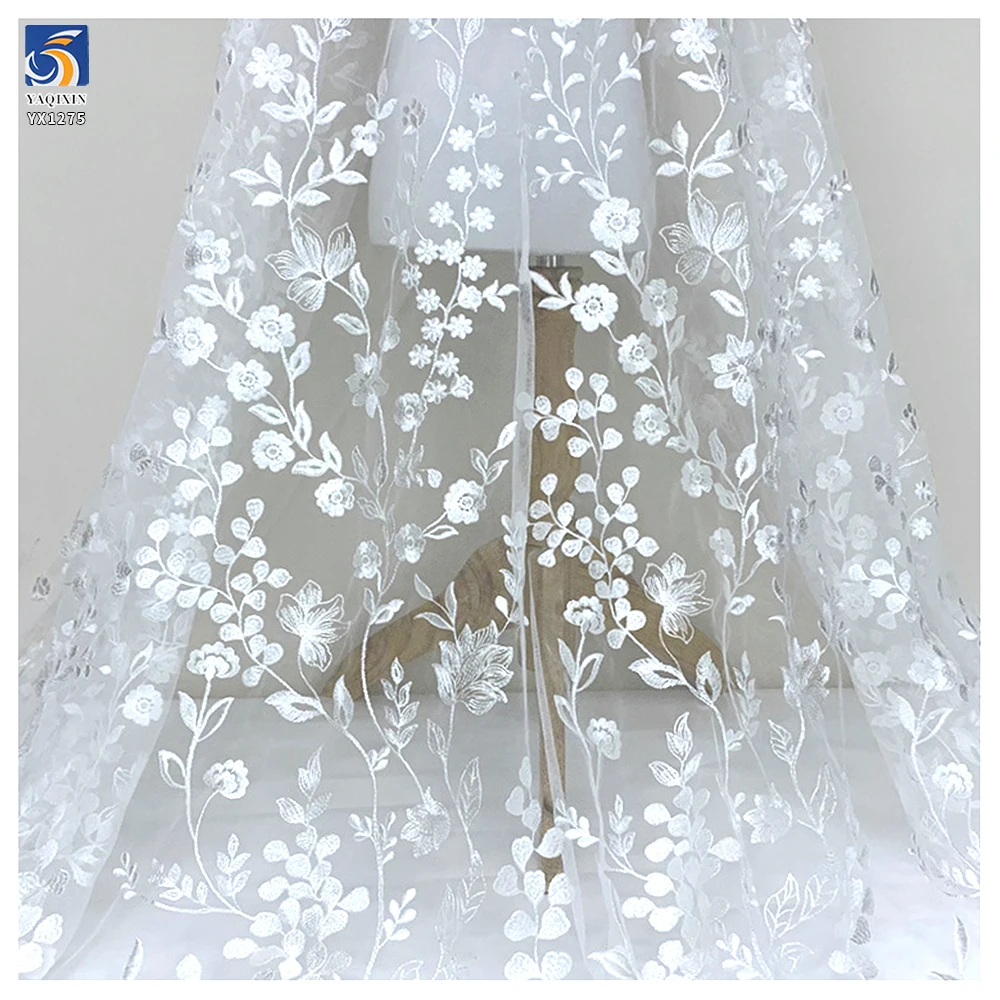 YX1275 130gsm Luxury Florals Embroidered White Wedding Tulle Lace Fabric Water-Soluble Embroidery French Dress Fabric - 图片 4