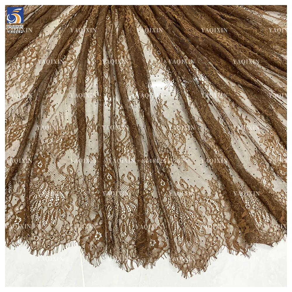 YX1182 Popular in Israel Woven Woman Coffee Brown Mesh Eyelash Lace Fabric With Stone for Fashionable and Sexy Dress - 图片 4