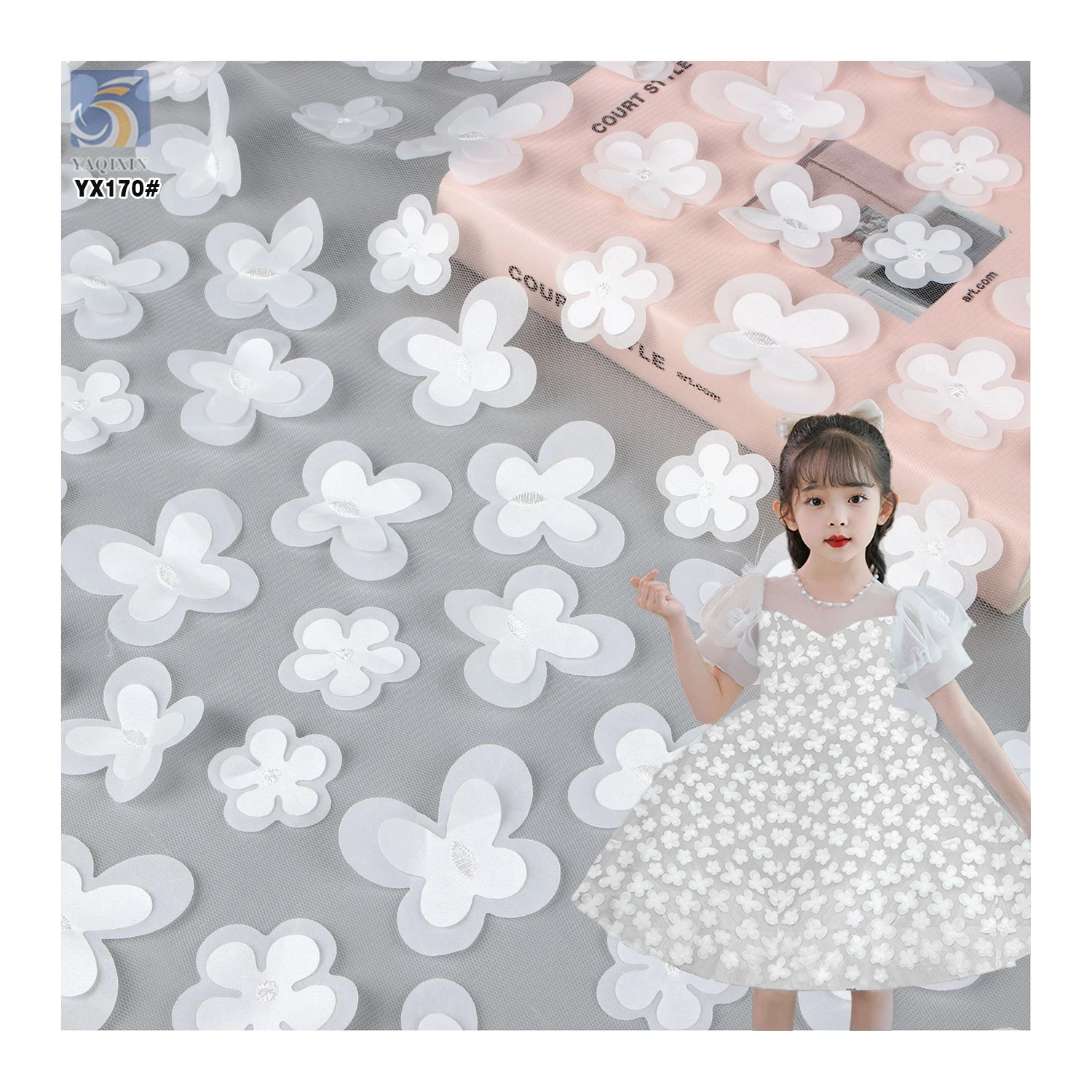 YX170 Competitive Price Flower Embroidery 3D Tulle Fabric Solid Polyester Double Layer 3D Flower Embroidery Fabric