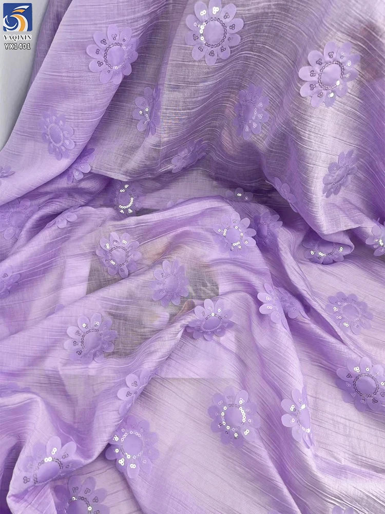 YX1401 Laser 3D Embroidery Sunflower Flowers Chiffon Fabrics With Sequins Crepe Chiffon Fabric for Chinese Cheongsam - 图片 4