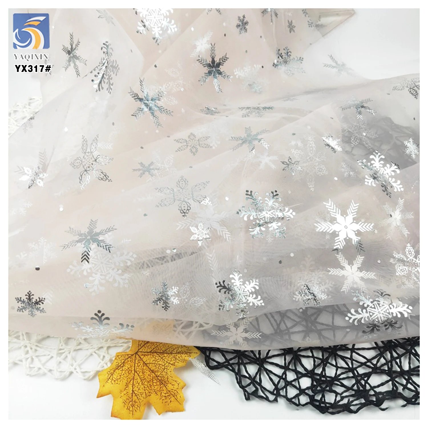 YX317 Frozen Elsa Princess Baby Dress Hot Stamping Printed Organza Snowflake Fabric Knitted Organza Polyester Cartoon Style - 图片 6
