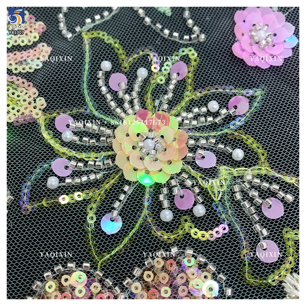 YX1226# New Product Launch 3D Flower Pattern Sequin Embroidery Colorful Mesh Fabric DIY Handmade Sequin Lace Fabric Textile - 图片 3