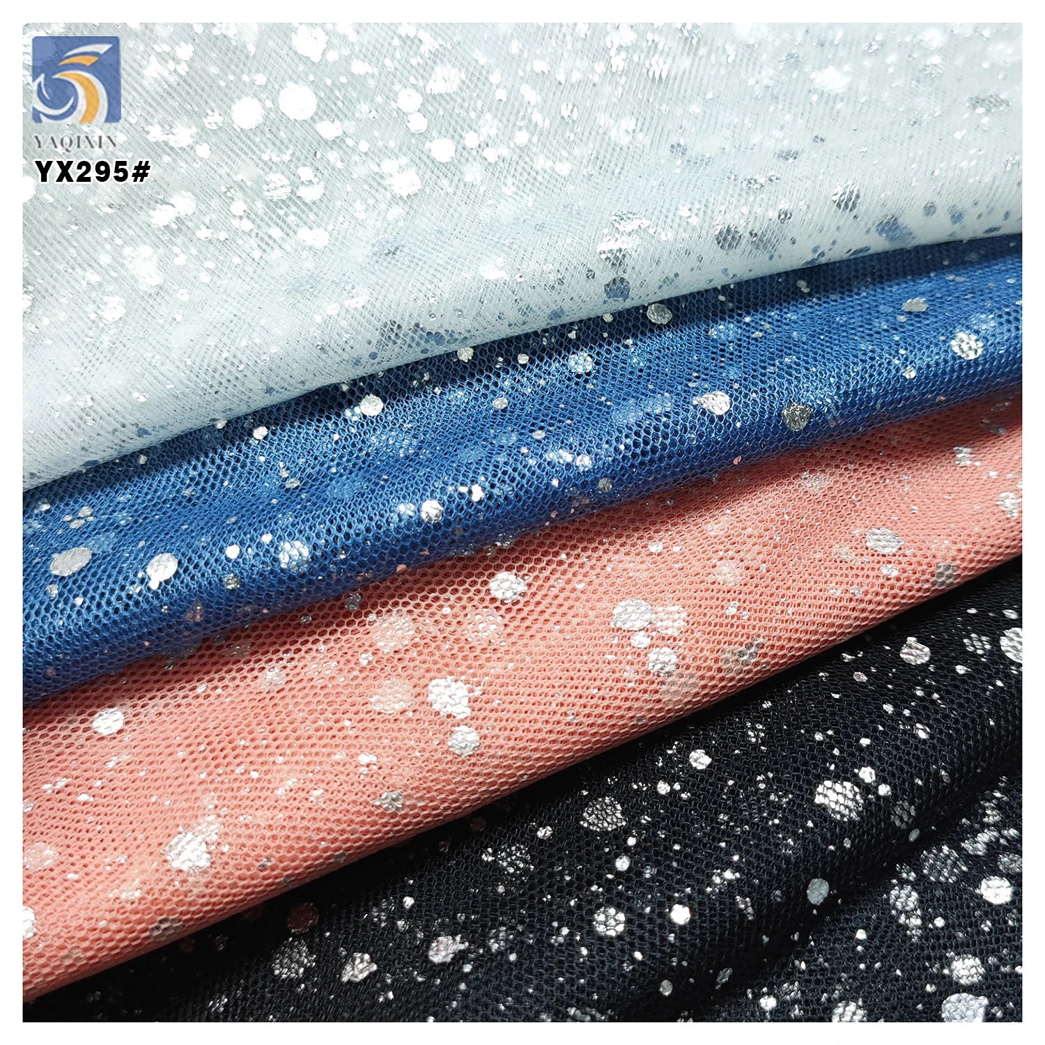 YX295-1 High Quality Customized Silver Iridescent Splatter Film Printed Polyester Mesh Tulle Fabric - 图片 5