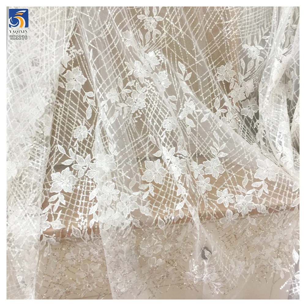 YX1276 5 Yards DE LACE Striped Cross Embroidered Sequin Lace Fabric Floral Embroidery White Bridal Lace Fabric - 图片 6