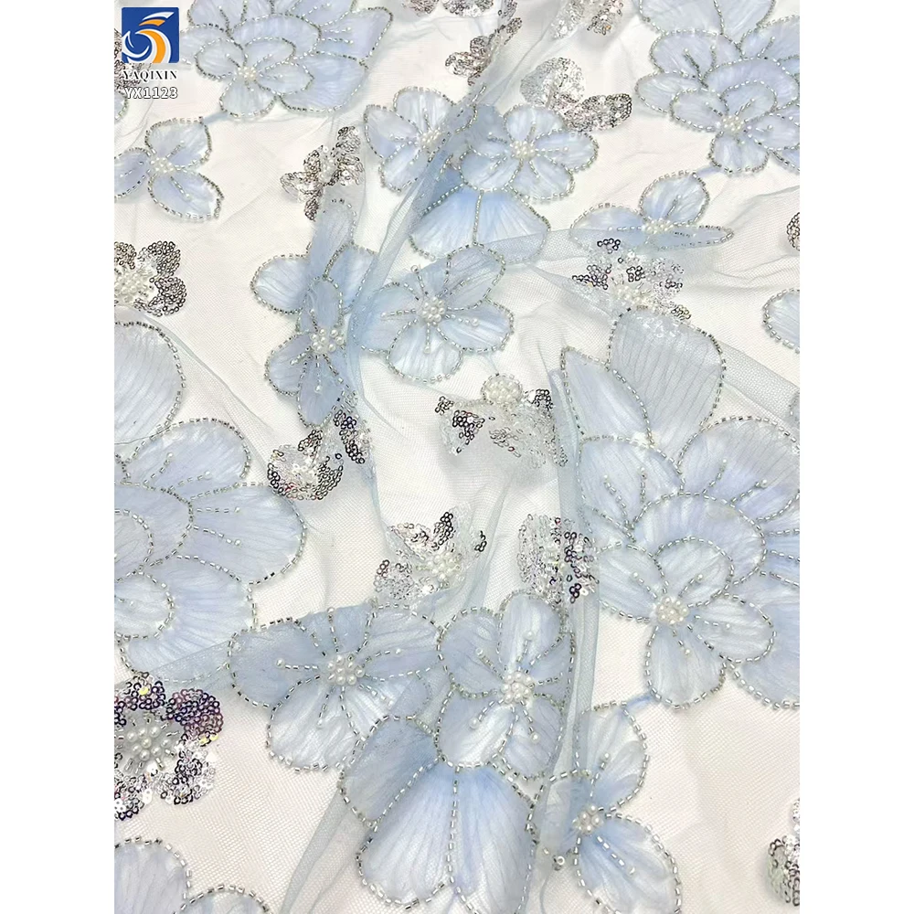 YX1123 New Fashion Style European Tulle Fabric Lightweight 3D Florals Embroidery Mesh Women's Skirt Fabric With Pearls Sequins - 图片 6