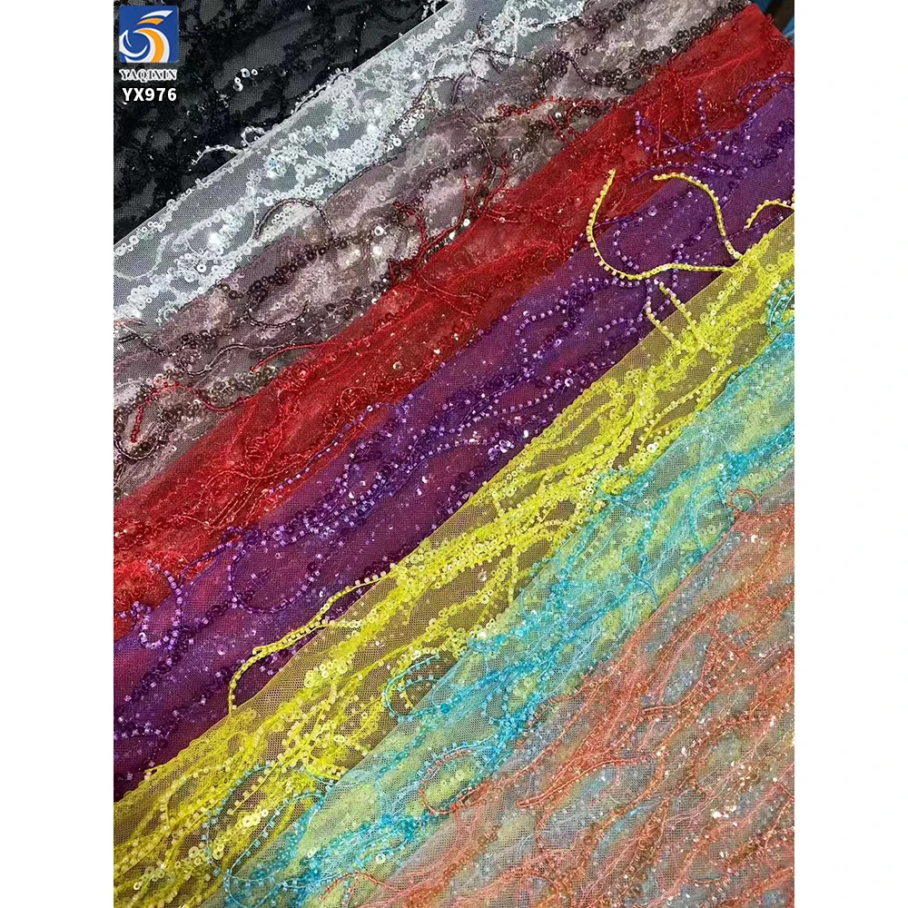 YX976 300gsm Fashion Dance Skirt Sequin Fringe Fabric Sales for 5 Yards Embroidery Mesh Tulle Fringe Beads Sequins Fabric - 图片 5
