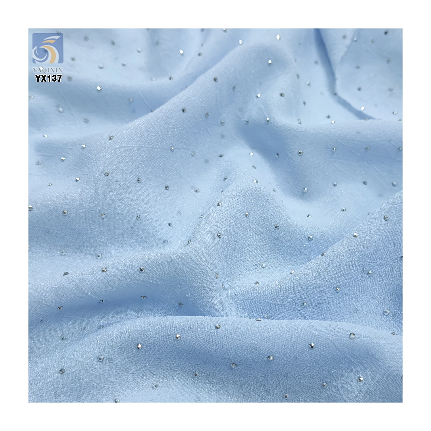 High Quality 75D 110gsm Pearl Crepe Chiffon Polyester Fabric With Crystal Diamond Embroidery by the Yards - 图片 3