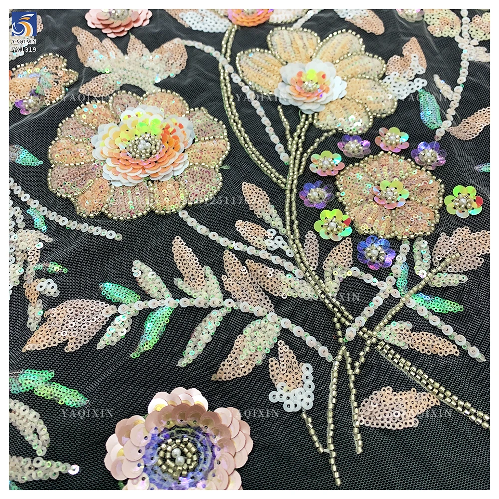 YX1319 New Life Fashion Spring 3D Sequin Embroidery Heavy Lace Mesh Tulle Fabric Noble and Luxurious French Style Lace Fabric - 图片 3