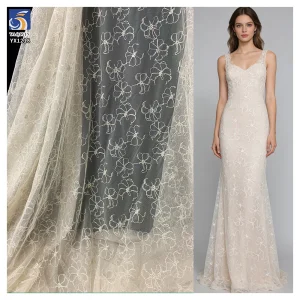 YX1218 Newly Launched Full-Width Gold Thread Polyester Flowers Embroidery Women's Dress Soft Mesh Fabric Embroidered