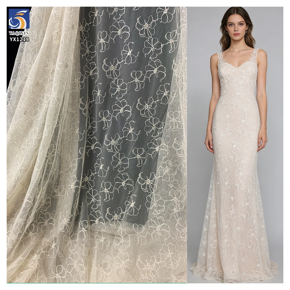 YX1218 Newly Launched Full-Width Gold Thread Polyester Flowers Embroidery Women's Dress Soft Mesh Fabric Embroidered