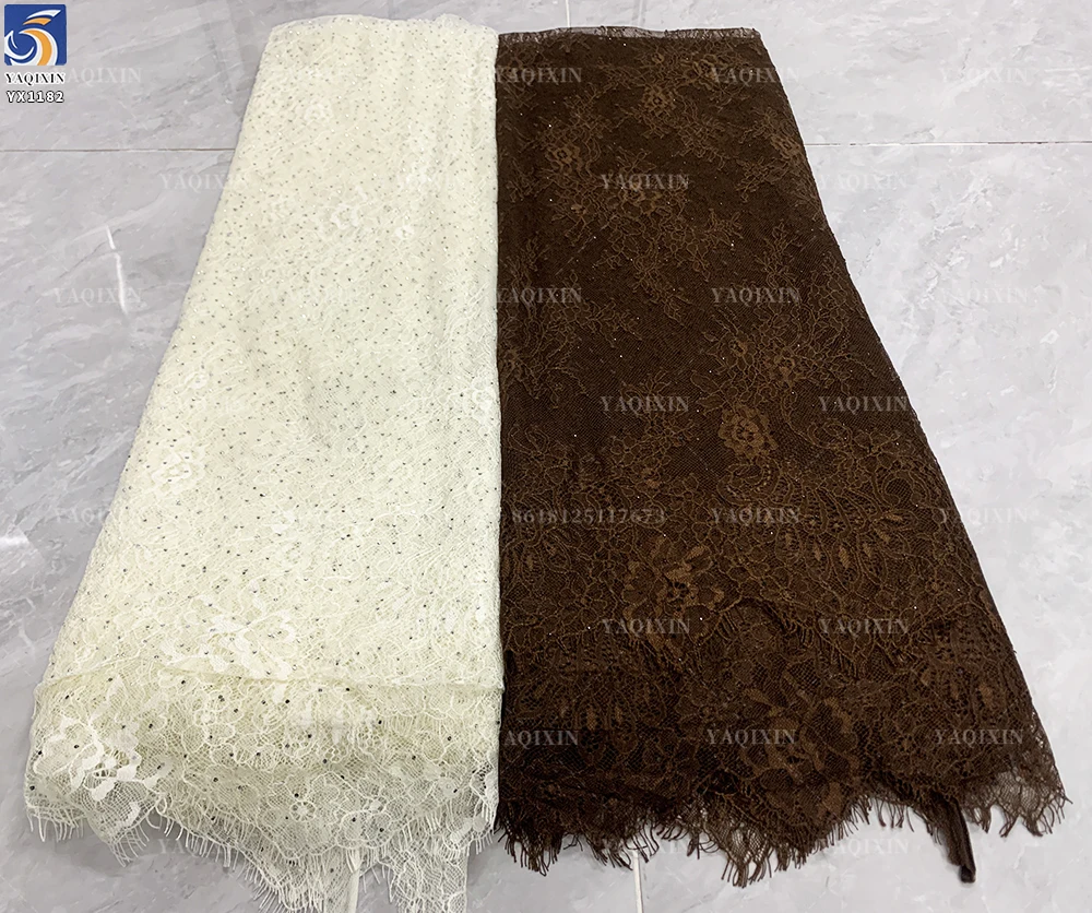 YX1182 Popular in Israel Woven Woman Coffee Brown Mesh Eyelash Lace Fabric With Stone for Fashionable and Sexy Dress - 图片 2