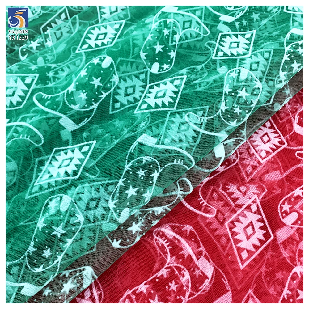 YX1229 Popular Holiday Mesh Tulle Fabrics and Textiles Knitted Christmas Shoes and Trees Pattern White Flocked Tulle Fabric - 图片 2