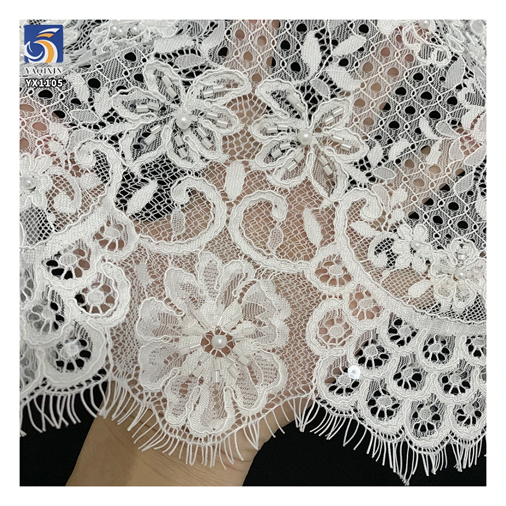 YX1105 African Elegant Wedding Lace Fabric Textile White Flower Embroidery Bead Tube Pearl 3D Eyelashes Lace Fabric Customized - 图片 5
