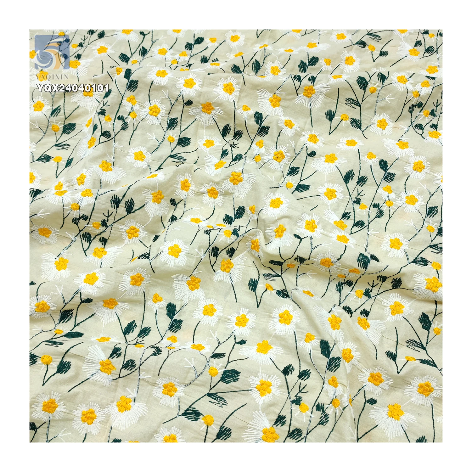 S25 High Quality Combed Breathable Daisy Embroidery Cotton Fabric Medium 180gsm Garments Skirts Ramie/Cotton Linen Fabric - 图片 4