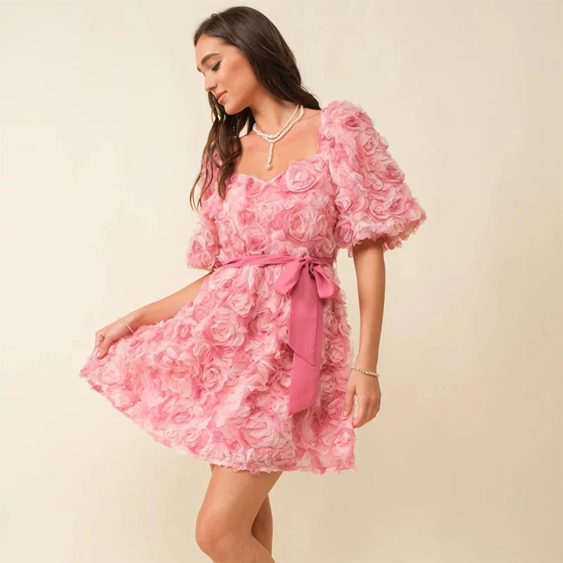 YX807 2025 Fashion Popular America 3D Embroidery Flowers Rose Knitted Mesh Tulle Fabric for Dresses Summer Women - 图片 4