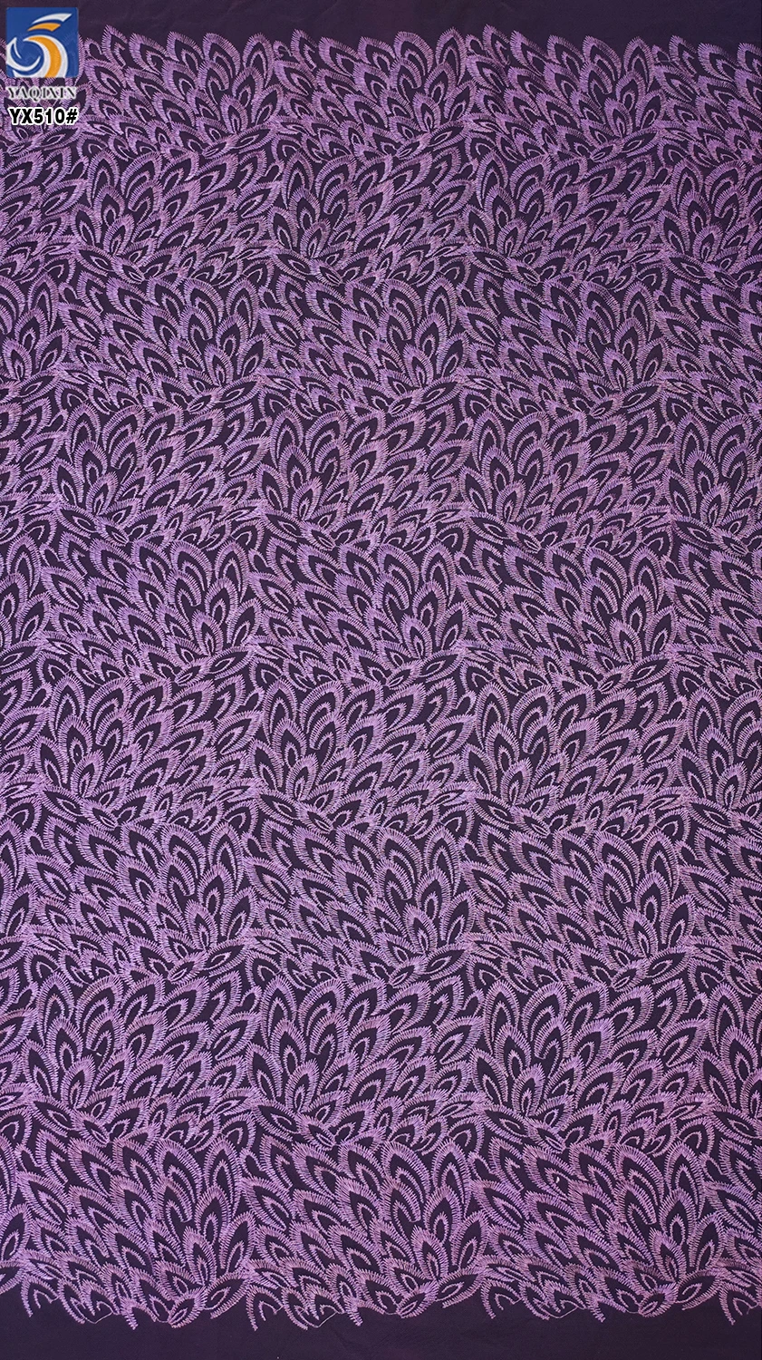 YX510 2025 Ready-made Custom Purple Polyester Embroidery Feather Tulle Fabric - 图片 6
