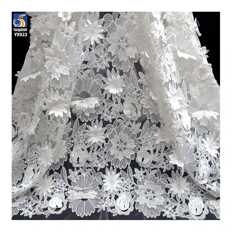 YX923 New Arrivals Applique Full-Length Embroidery Lace Fabrics Polyester 3D Flowers Water Soluble White Lace Fabric - 图片 2