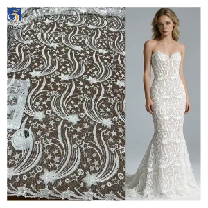 YX1274 Spot 200gsm White Water-Soluble Embroidery Mesh Lace Fabric for Italian Bride 3mm Transparent Sequins Dyed Lace Fabric