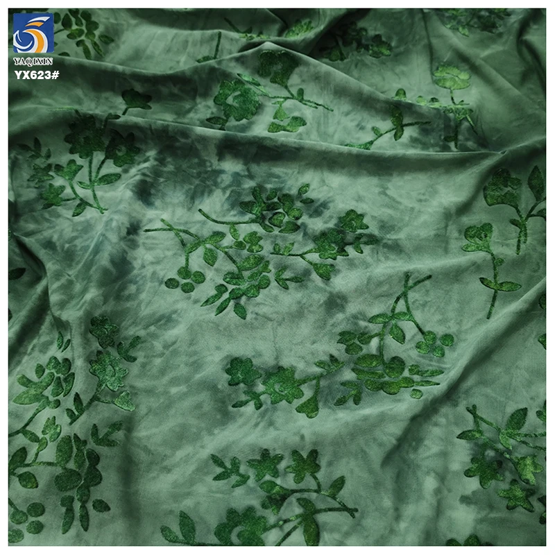 YX623 2026 New Arrivals Green Tied Dyed Elastic Retro China Dress Fabric Stretch Single Knit Fabric With Flocking Florals - 图片 5