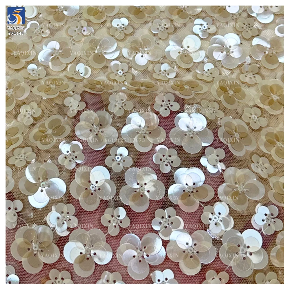 YX1147 Woman Gold Dress 2026 Embroidery 500gsm Polyester 3D Florals Sequin Rose Gold Mesh Sequin Embroidered Fabric - 图片 4