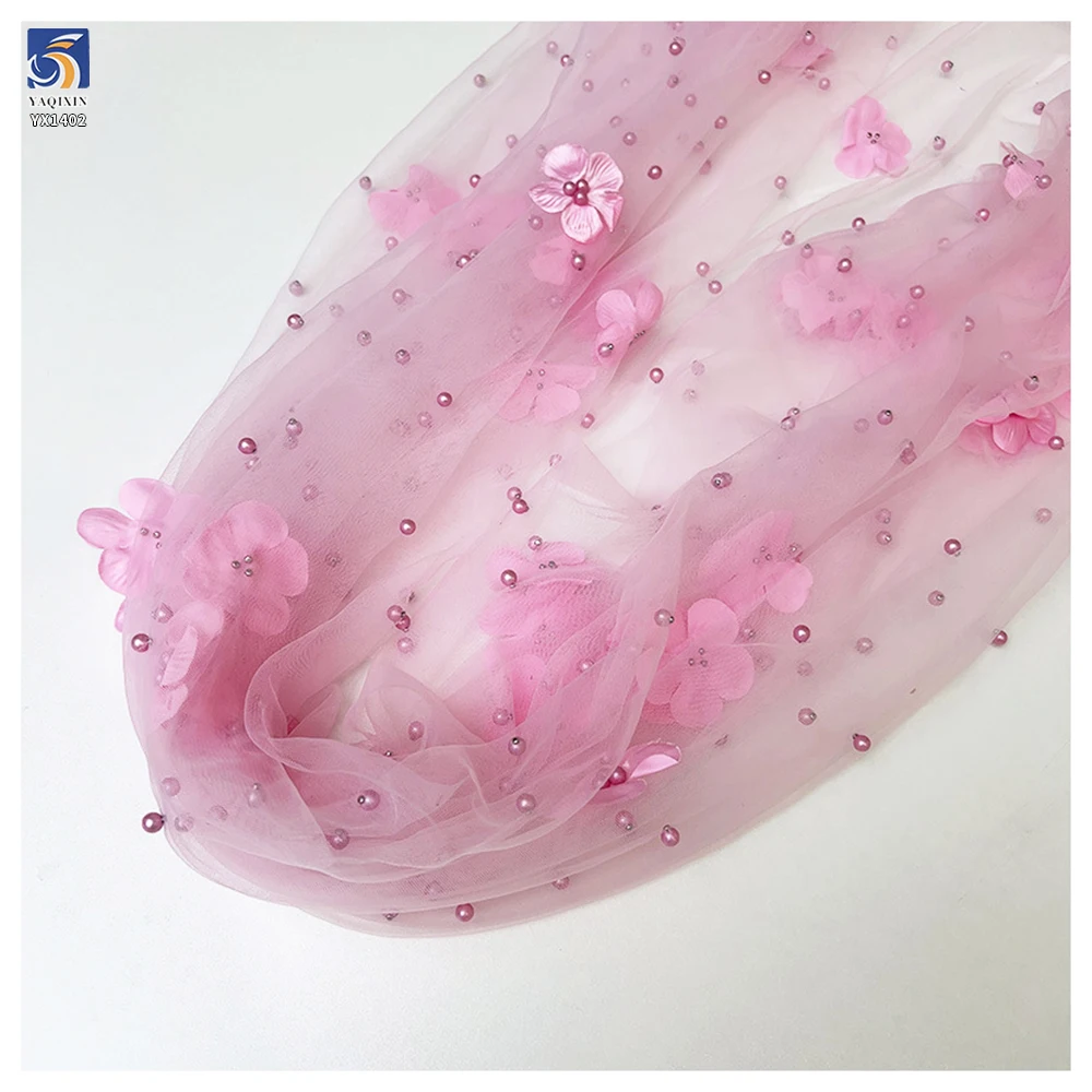 YX1402 Competitive Prices 3D Floral Pearls Tulle Skirt Fabric for Girls' Beautiful 2026 Embroidered 3D Mesh Fabric - 图片 5