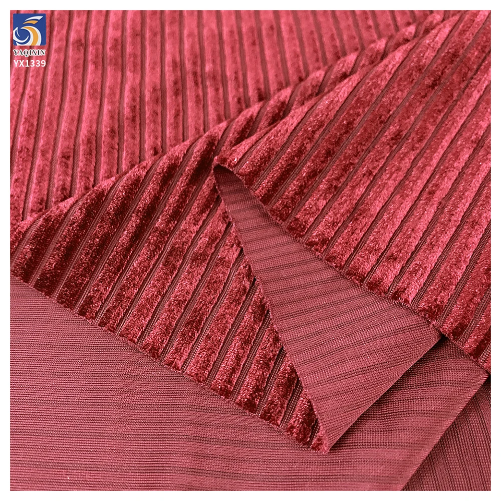 YX1339 High Quality Polyester Spandex Knitted Stretch Rib Velvet Fabric 210gsm 5*5 Wale Stripe Velvet Fabric for Dress - 图片 5
