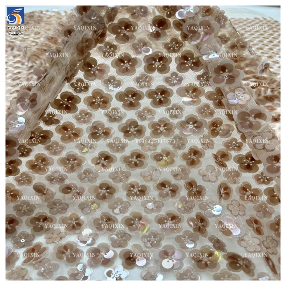 YX1147 Woman Gold Dress 2026 Embroidery 500gsm Polyester 3D Florals Sequin Rose Gold Mesh Sequin Embroidered Fabric - 图片 3