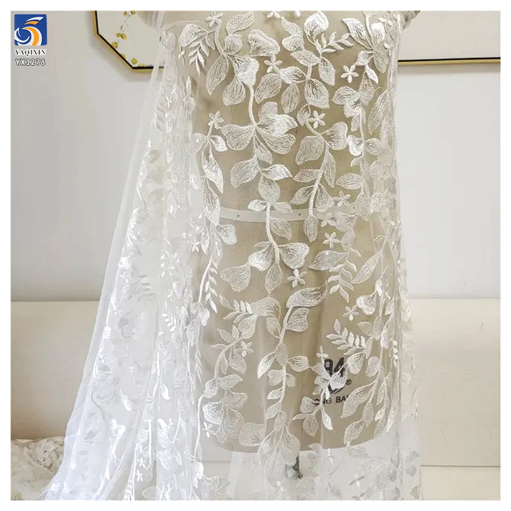 YX1278 10 Yards Low Price Cheap White Tulle Fabric Lace Water-Soluble Embroidery Leaf Pattern Lace Fabric for Chinese Brides - 图片 5
