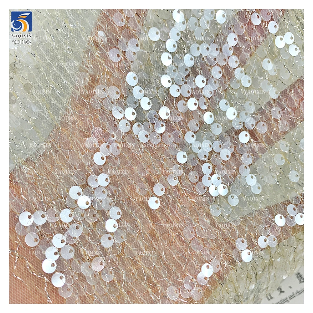 YX1132 High-Quality Glitter Knitted Mesh Transparent Sequin Fabric 5mm Size Sequins Fabrics and Textiles for Women's Clothing - 图片 2