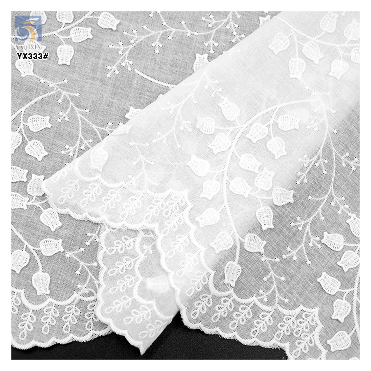 YX333 High Quality Wavy Lace Floral Embroidery Water Soluble 100% Cotton Voile Lace Fabric - 图片 3