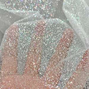 YX992-1 2026 Holographic Super White Dust Glitter Tulle Fabric 100% Polyester Soft Flash Spark Mesh for Wedding Brides