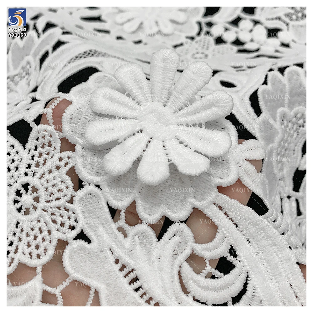 YX1160 High Quality Polyester 3D Embroidery White Water Soluble Lace Fabric Woven 3D Flowers Net Lace Fabric Embroidered - 图片 4