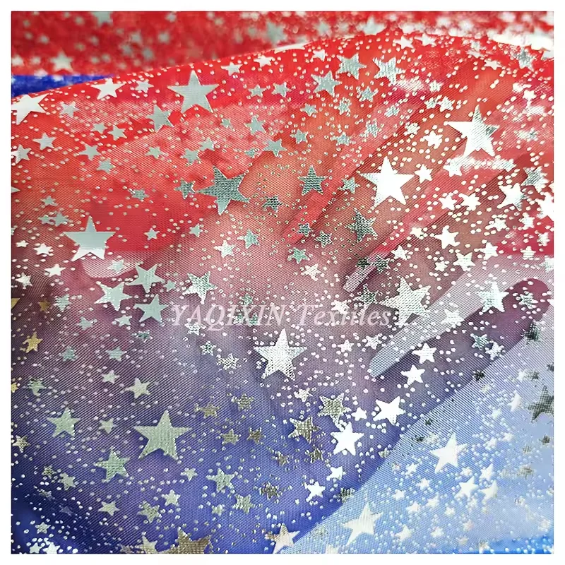 YX2117-1 Independence Day Celebration Custom Polyester Gradient Stars Print Glitter Ball Gown Tulle Fabric 4th of July Fabric - 图片 2