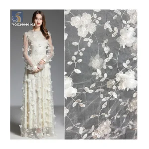 Wholesale 3D Lace Floral Fabric From China New Design Embroidered Flowers on Polyester Mesh for Dresses Low Price
