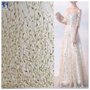 YX663 Vibrant Leaf Pattern Sequined Fabric Polyester Mesh Tulle Sequins Lace Fabric for Fashion and Evening Dress