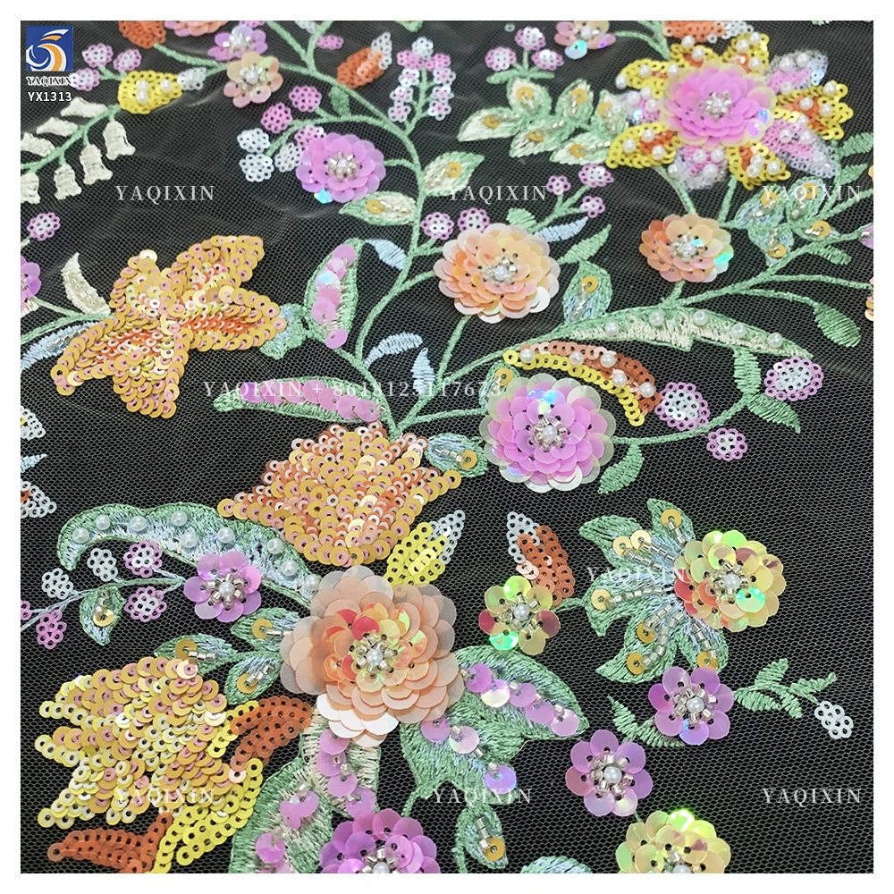 YX1313 Popular Trends Embroidery Fabric 5 Yards Heavy Embroidery Pearl Sequin Flowers Tulle Lace Fabric for Girls Skirts - 图片 5