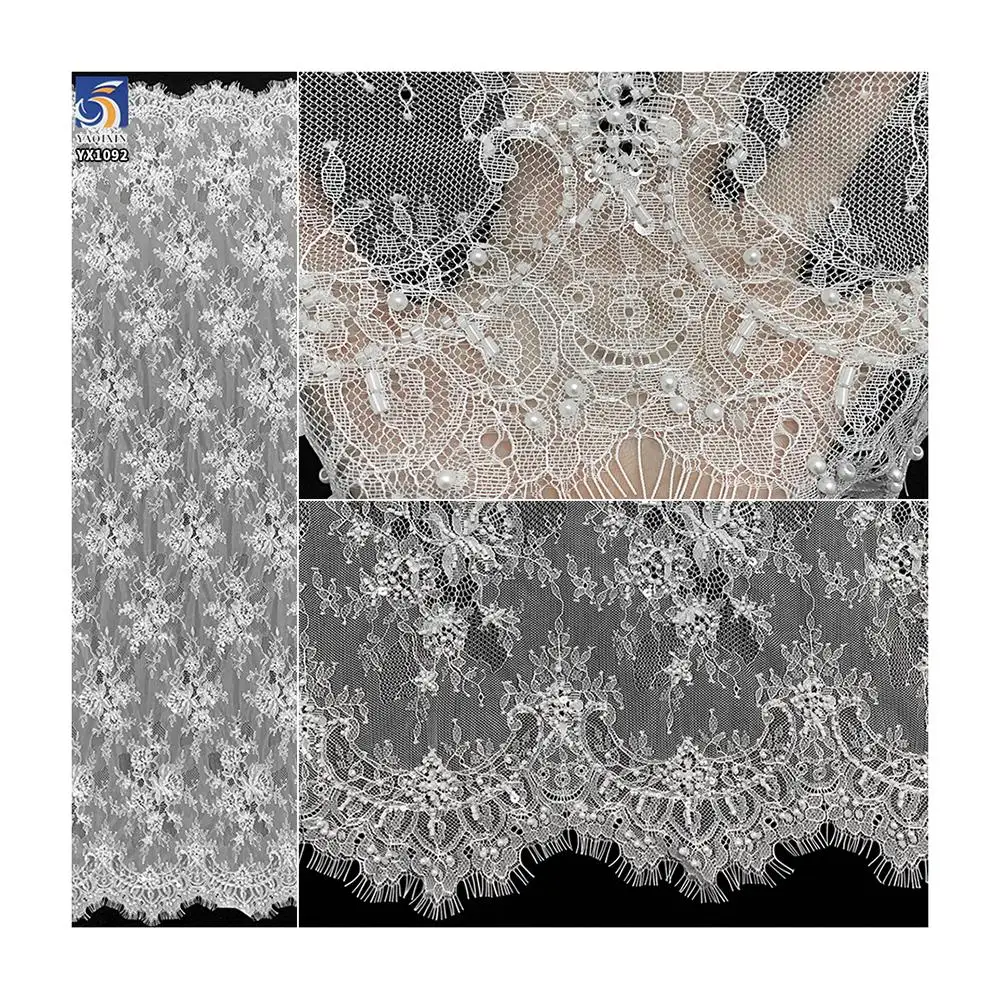 YX1092 300*150CM Great Quality Customized Woven Eyelash Lace Fabric Beaded Pearls Lace Fabrics Textiles Heavyweight