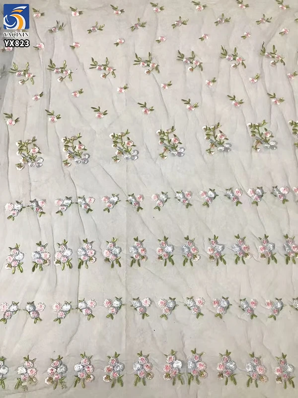 YX823 Ins Popular Spring and Summer Tulle Skirt Fabric Poly Florals Embroidered Mesh Fabric for Clothing Textile - 图片 5