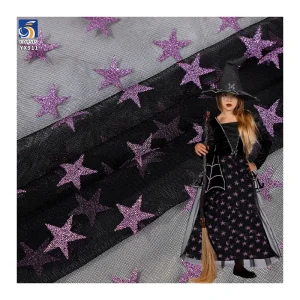 YX911 2026 Festive Halloween Purple Five-Pointed Star Halloween Stretch Mesh Fabric Black Stretch Tulle Fabric With Purple Stars
