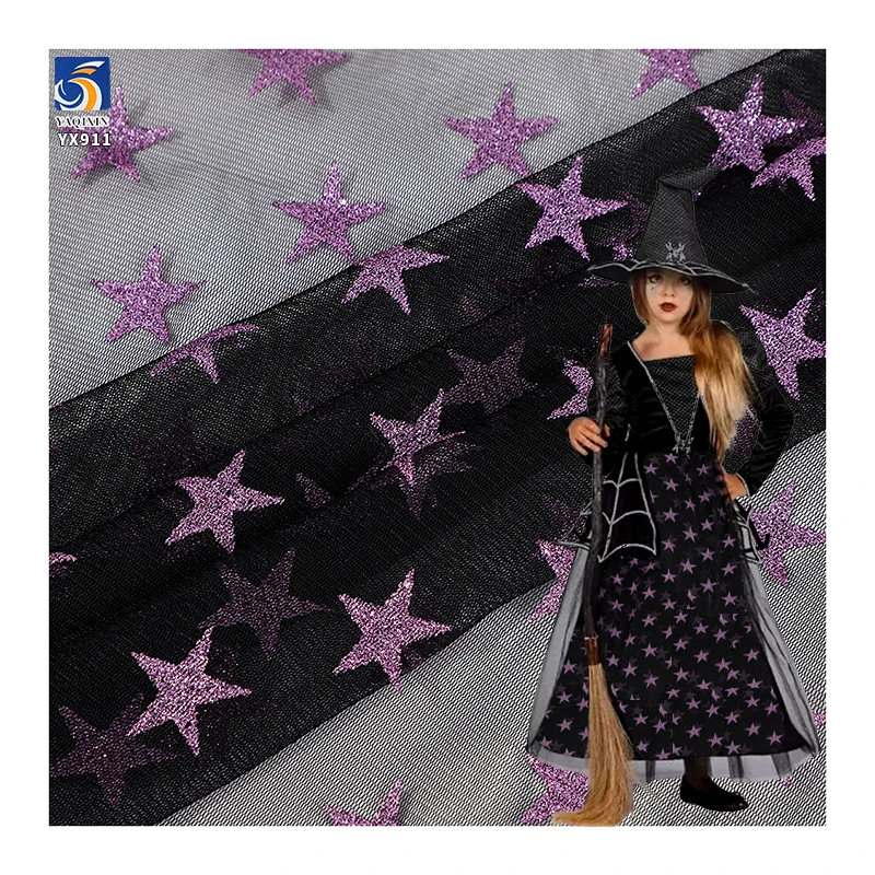 YX911 2026 Festive Halloween Purple Five-Pointed Star Halloween Stretch Mesh Fabric Black Stretch Tulle Fabric With Purple Stars