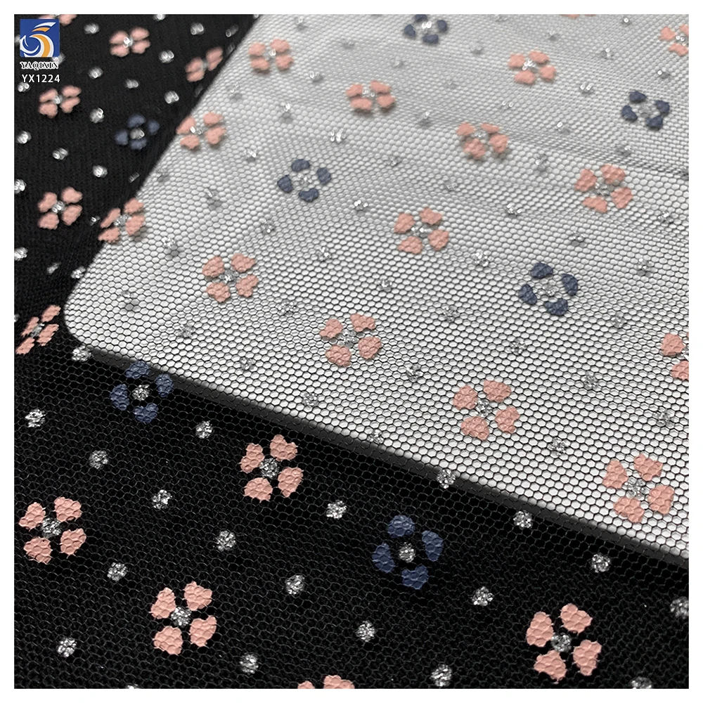 YX1224 High Quality Knitted Pink Florals Offset Print Mesh Fabric With Silver Glitter Dots for Women's Clothing Tulle - 图片 4