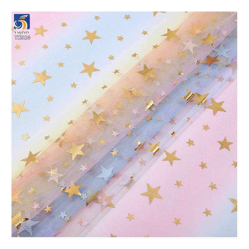 YX910 2026 Rainbow Gradient Tulle Fabric With Gold/Silver Five-Pointed Star Hot Stamping Printed Halloween Fabric for Children - 图片 4