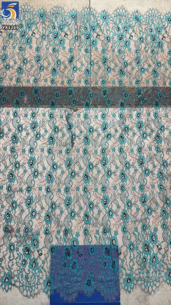 YX1269-1 France Elegant Style Two-Tone Eyelash Lace Fabric Polyester Cyan-Blue Hot Selling Tulle Lace Fabric for Garments - 图片 2