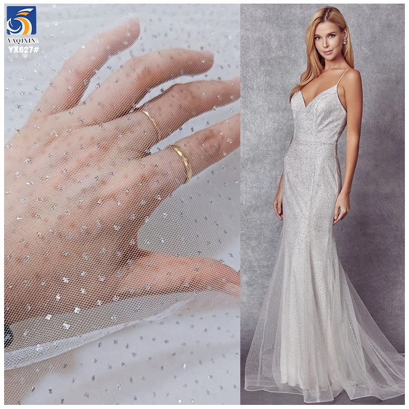 YX627 Non-Falling Silver Sparkle Glitter Wedding Dress Fabric 100% Nylon Glitter Tulle Mesh Fabric for Bride