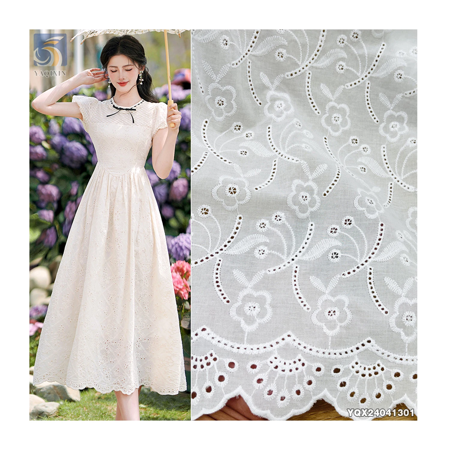 2025 Hollow Water Soluble White Cotton Lace Fabrics Floral Embroidered 100% Cotton Embroidery Lace Fabric - 图片 3